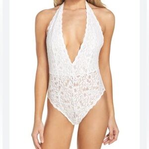 Free People Intimately Lace Avery Halter Back White Bodysuit size L